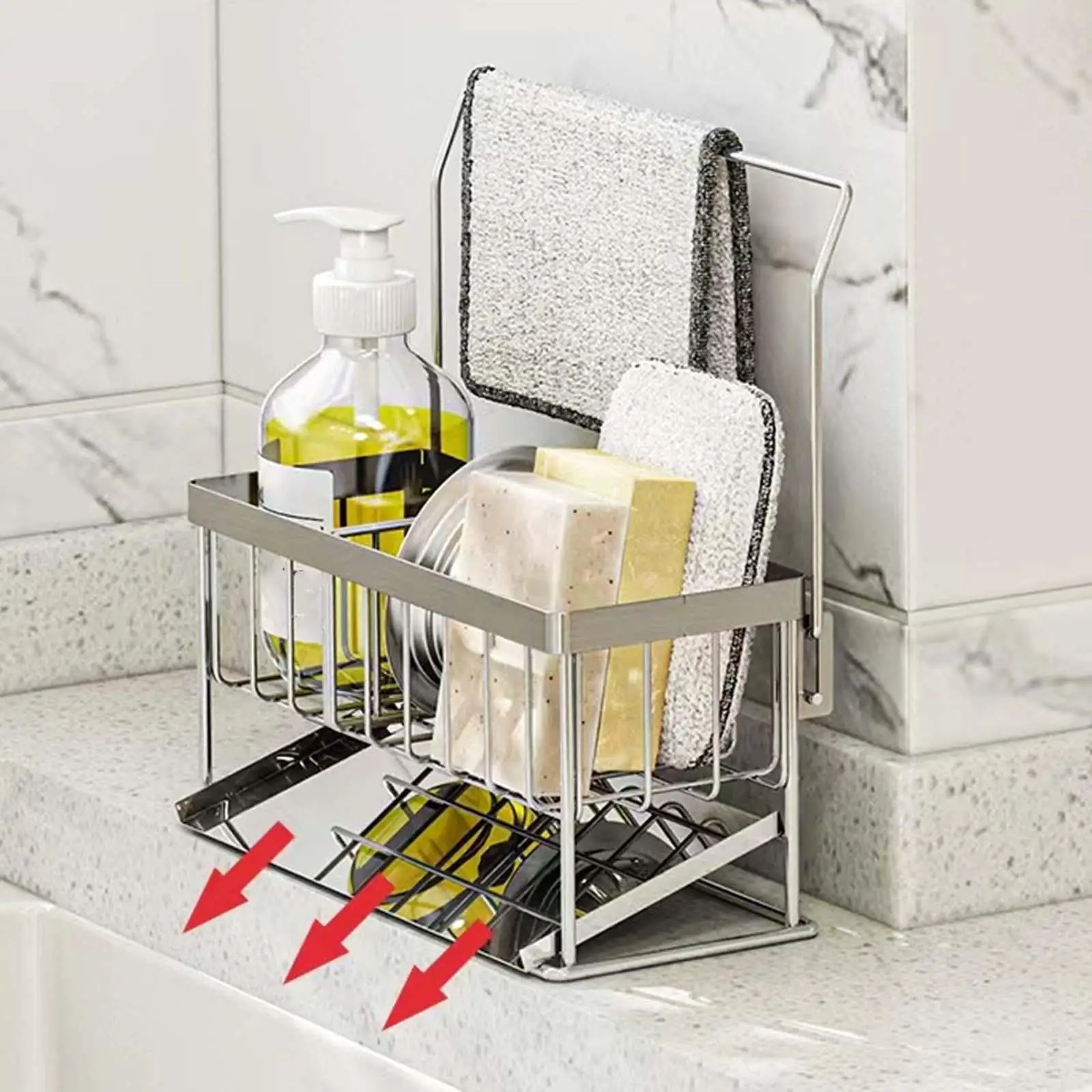Durable Sink Drain Rack Drainer Basket Dishcloth Shelf Organization Rustproof Storage Kitchen Sponge Holder for Counter Bathroom