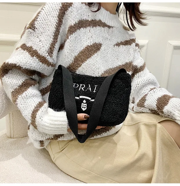 Women Paris Letters Print Mini Shoulder Bags Female Winter Plush
