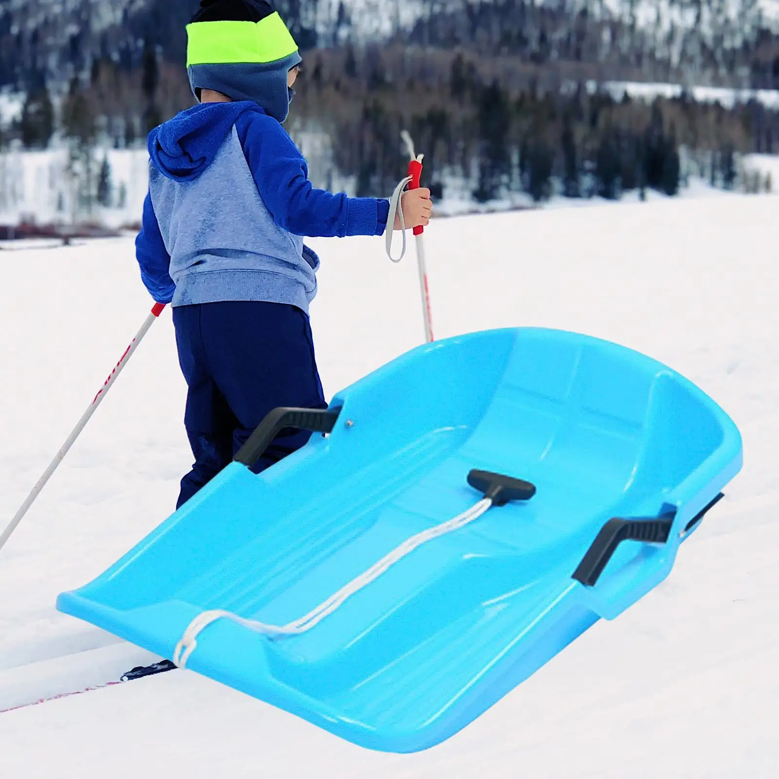 KIDS HEAVY DUTY SNOW SLEDGE TOBOGGAN SLEIGH with PULL ROPE SAFETY HANDLES