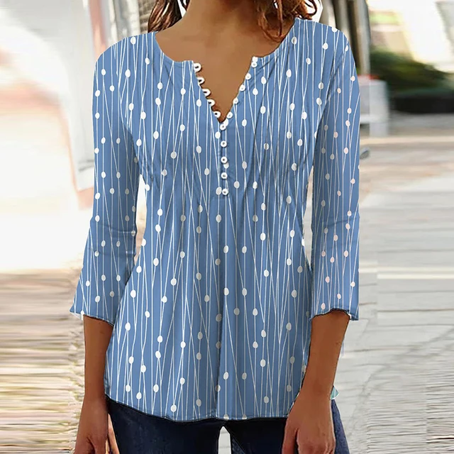 Blusas de senhora de escritório elegante com decote em v 2023 blusas  casuais primavera verão impressão três quartos botões camisas femininas -  AliExpress