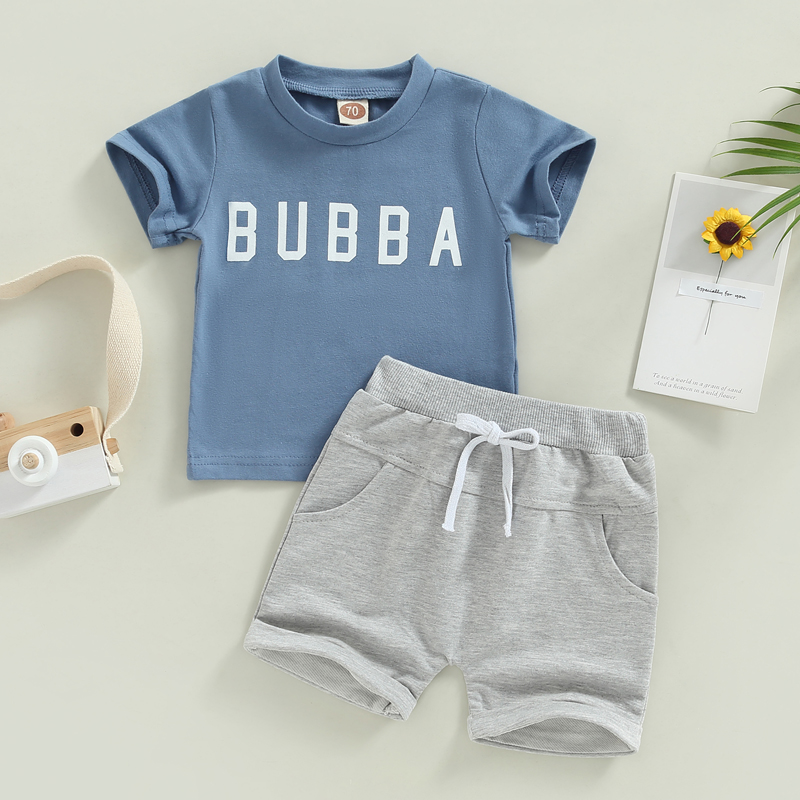 FOCUSNORM 4 Farben Sommer Kausalen Baby Jungen Kleidung Sets 2 stücke Brief Drucken Kurzarm Pullover T Shirts + Solide shorts – Detail 1