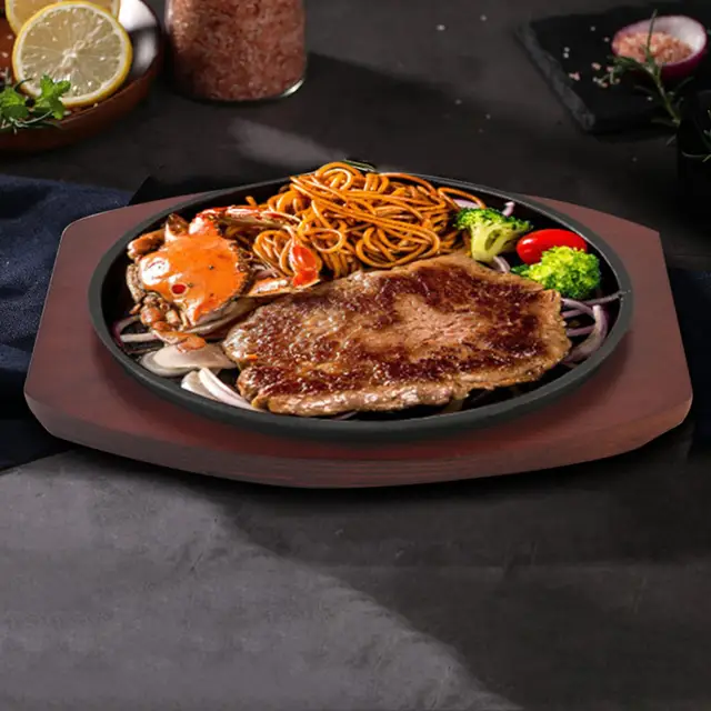 1 Set Cast Iron Steak Plate Round Steak Serving Dish with Wooden Tray  Kitchen Essentials 