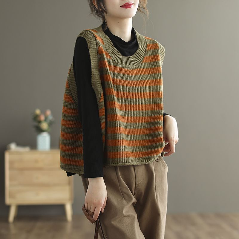 Description Picture 5 of itemVintage Striped Spliced Sweater Vest Spring Autumn Korean Loose Women's Clothing Casual Round Neck Sleeveless Knitted Jumpers
