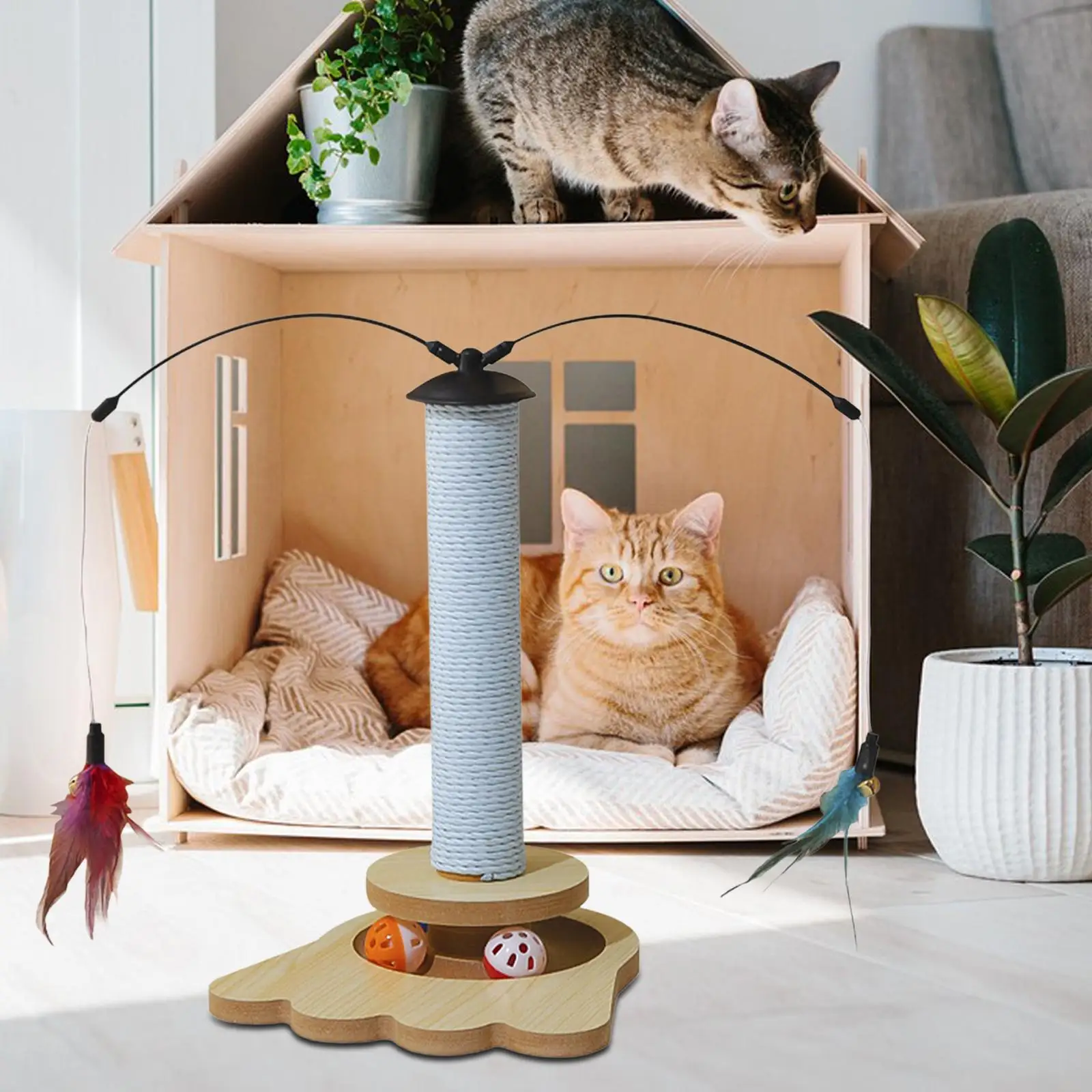 Cat Toy Cat Scratching Post with Ball Wear Resisting Grind Claw Sisal Column Feather Teaser Tower Cat Scratcher Pets Furniture