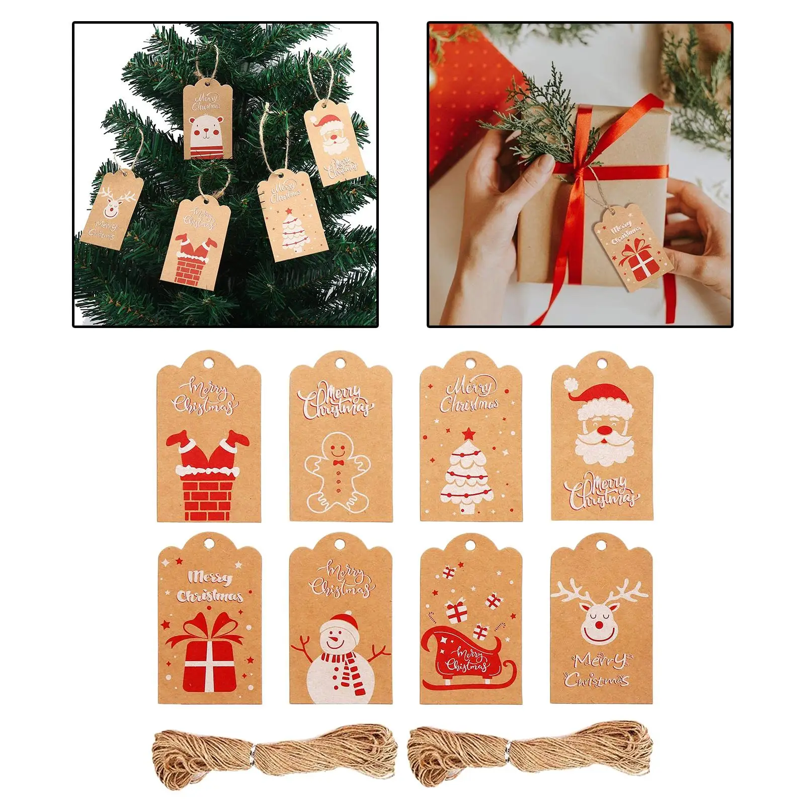 8Pcs Christmas Kraft Paper Tags Christmas Tree String for Wedding Party