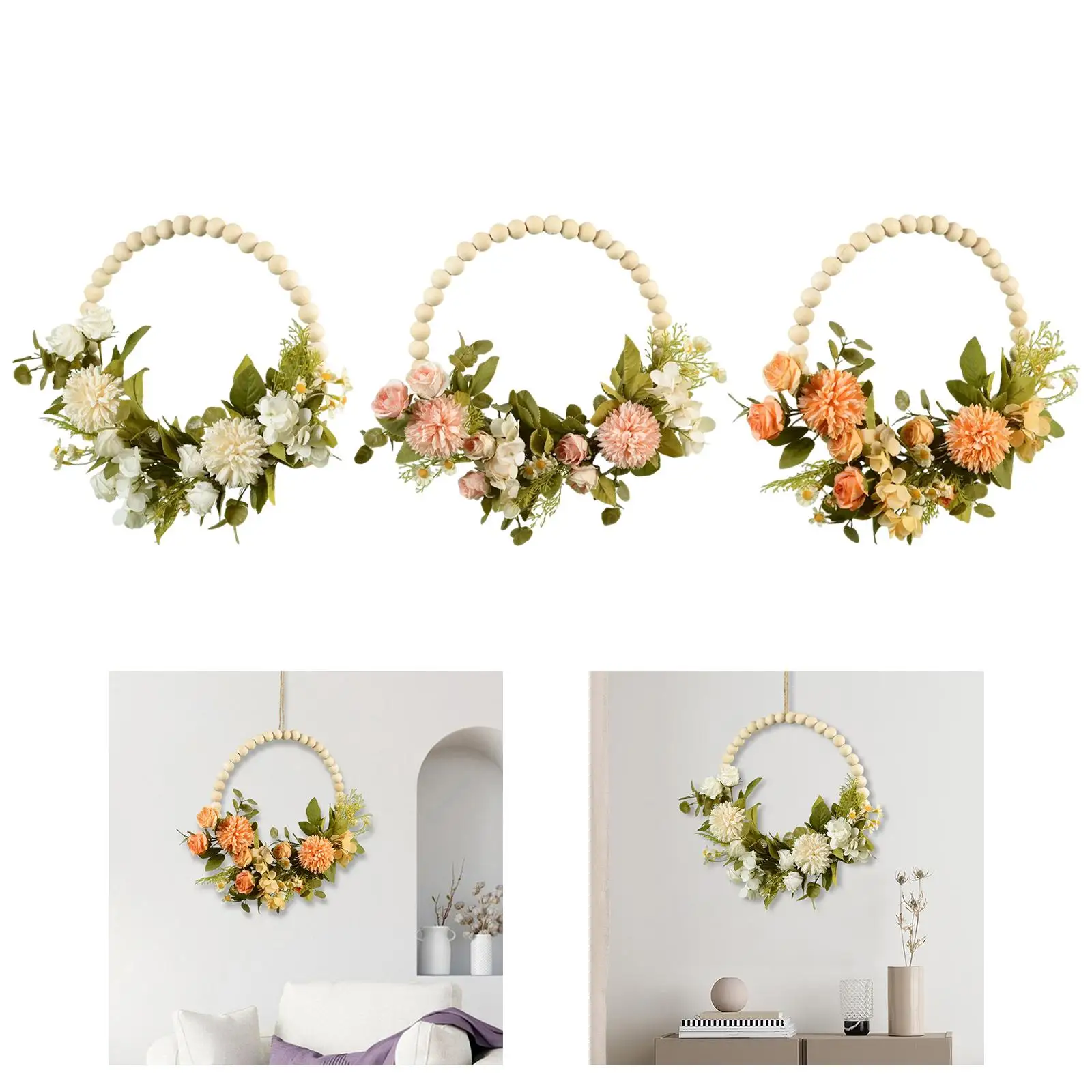 Artificial Flower Wreath Garland Wood Beads Hoop Wall Hanging Greenery Leaves for Indoor Farmhouse Fireplace Party Decor