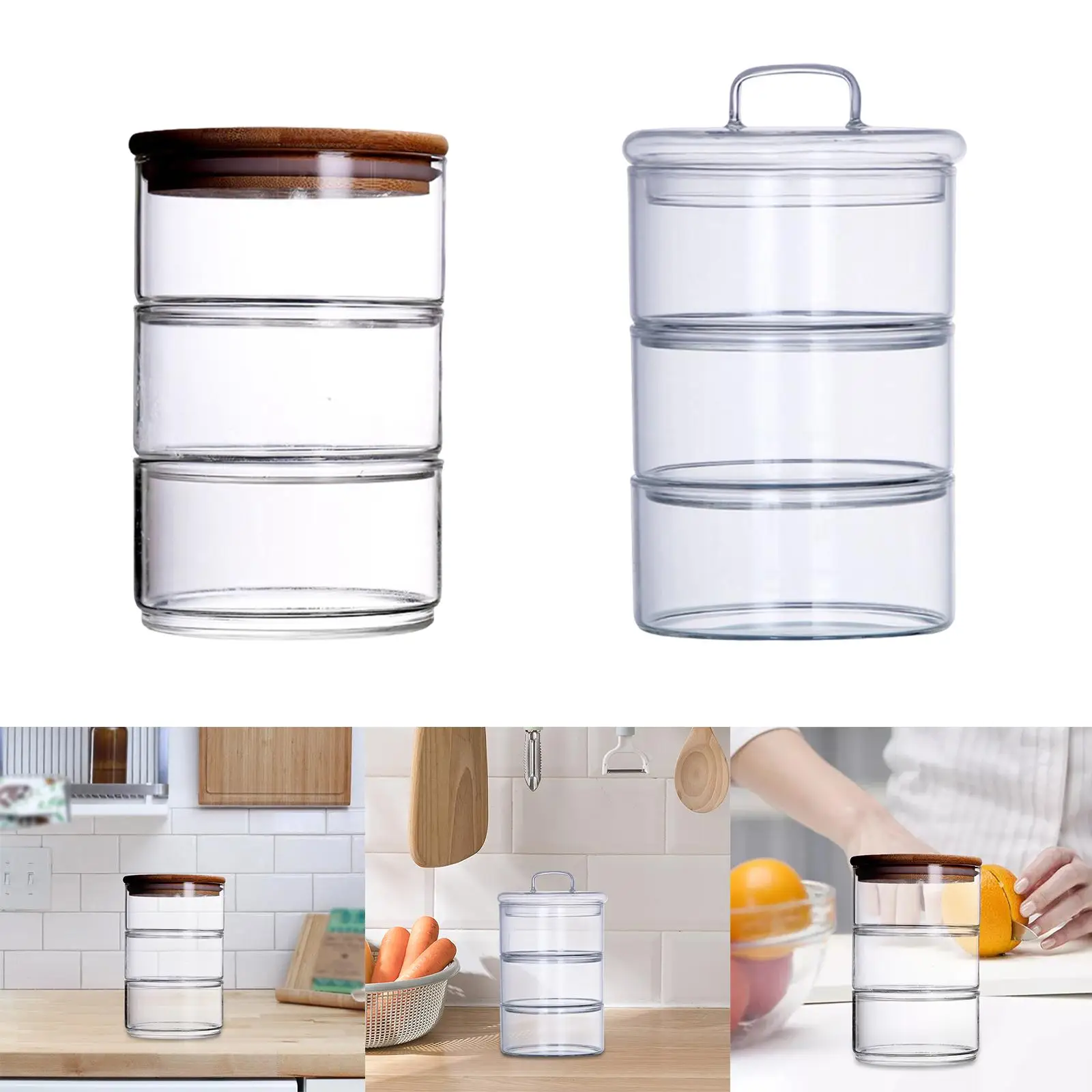 Stackable Glass Jars Multipurpose 3 Tier Glass Stacking Apothecary Jar 3 Layer Glass Food Jar for Candy Cookies Biscuits Pantry