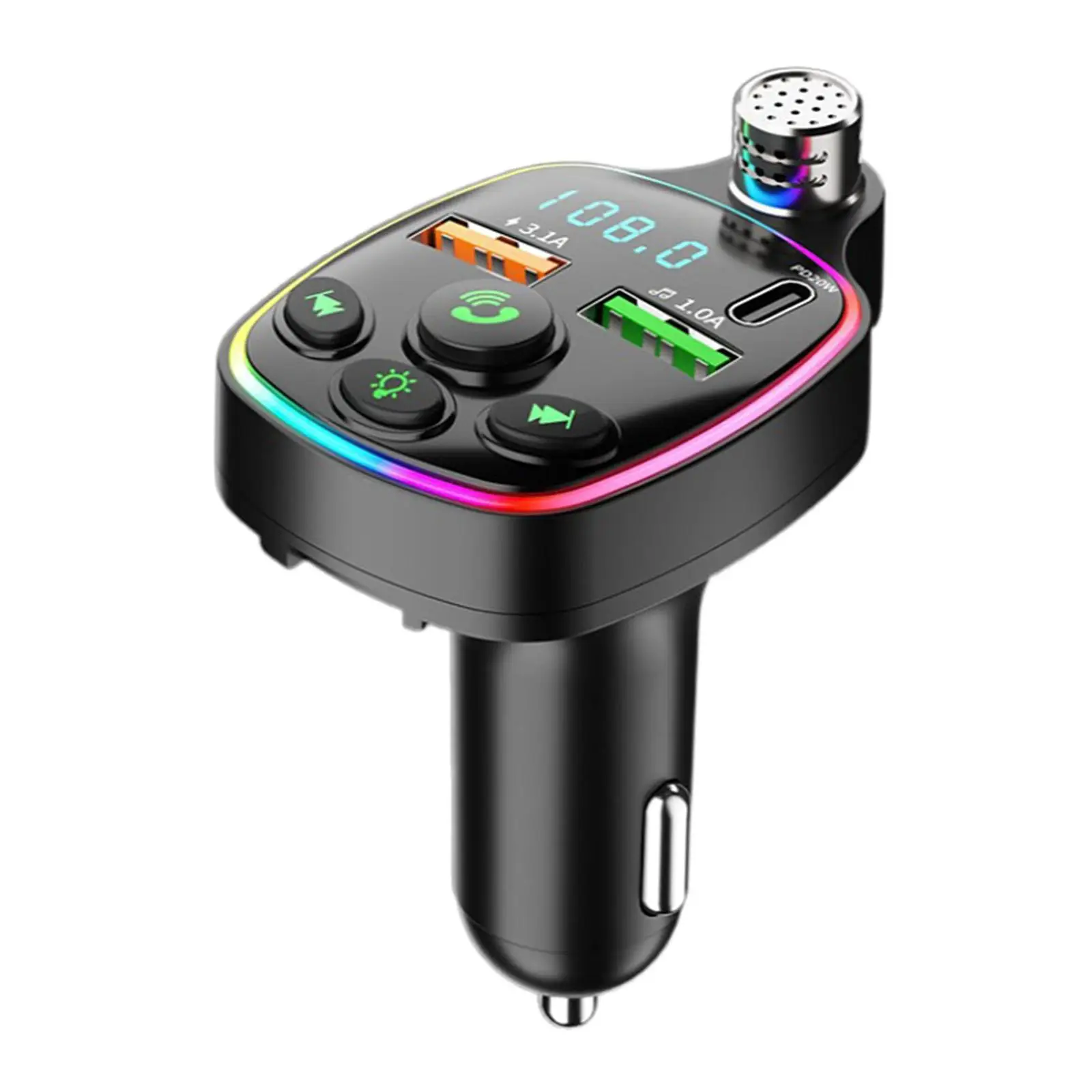 Car Adapter Portable Handsfree Calling USB and Type-c Ports FM Transmitter
