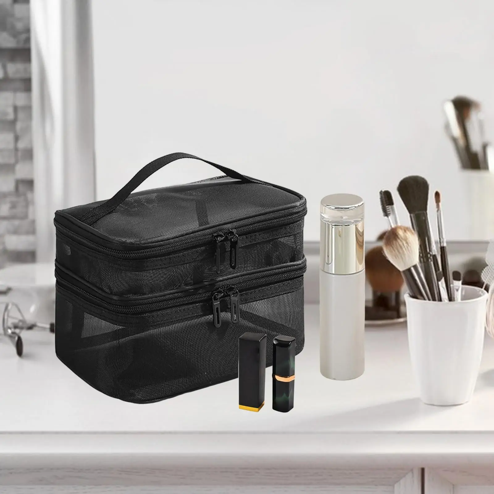 Double Layer Toiletry Bag Cosmetic Bag Portable Small Tote Bags with Zipper Women Makeup Bag for Full Size Bottles Accessories