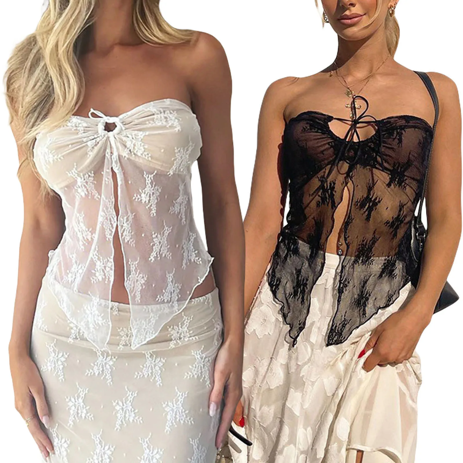 S03102e7532d544cab7995501ea938c91i Women Y2k See Through Lace Tube Tank Top Mesh Backless Sexy Patchwork Strapless Camisole Sleeveless Off Shoulder Slit Tops