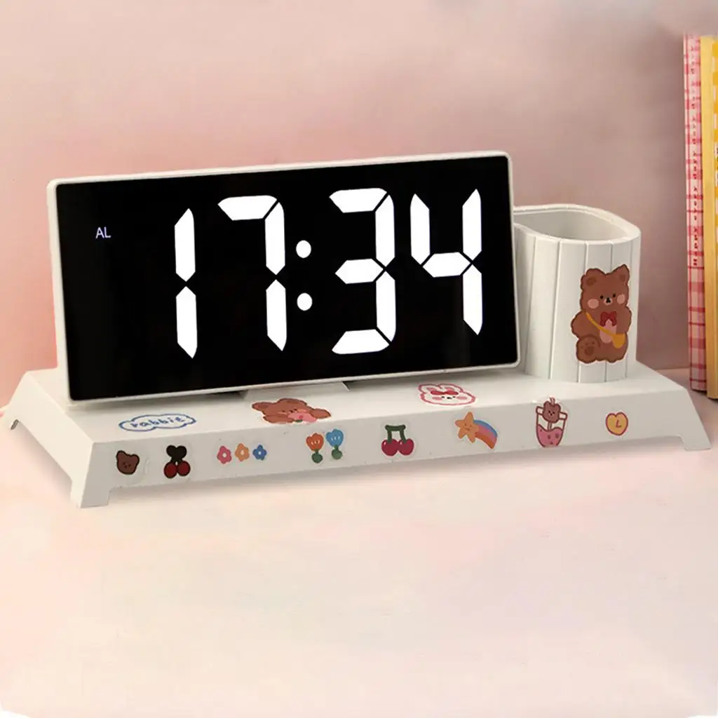 Digital Alarm Clock Pen Holder 2 Levels Brightness Date with Cute Sticker for Bedroom Table Home Bedside Kids Teens Boys Girls
