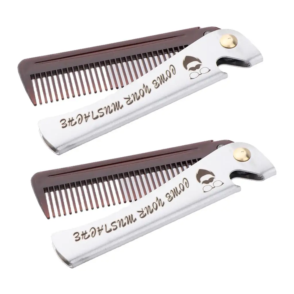 2pcs Brown Men` Hair Comb Stainless Steel Folding Beard Shaping Combs