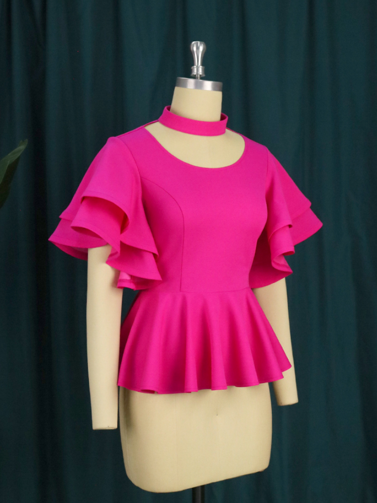 alta, em camadas, manga flare, camisa peplum,