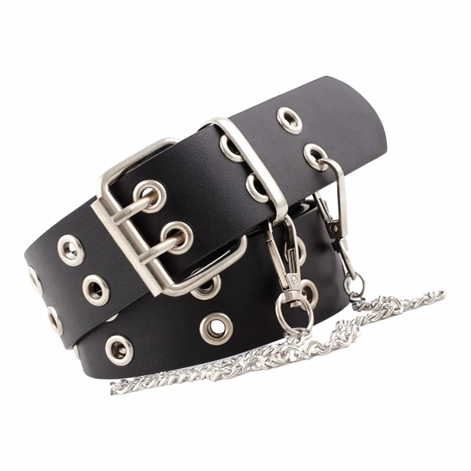 Double Grommet Belt Eyelet with Chain Double Prong Buckle with 2 Holes Punk Womens Waist Belt for Club Jeans Party Cosplay Men