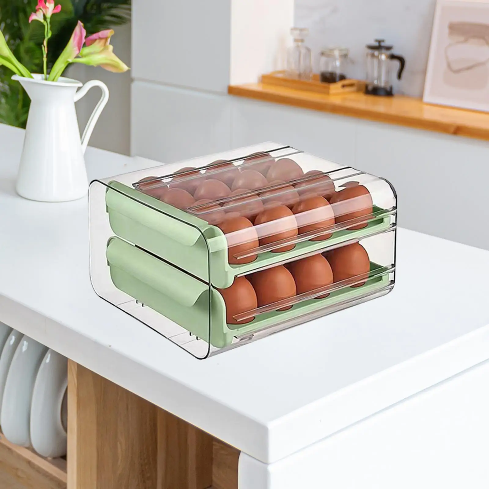 Egg Holder for Refrigerator Durable with Handles Space Saving Stackable Fridge Egg Drawer Organizer for Refrigerator Cabinet