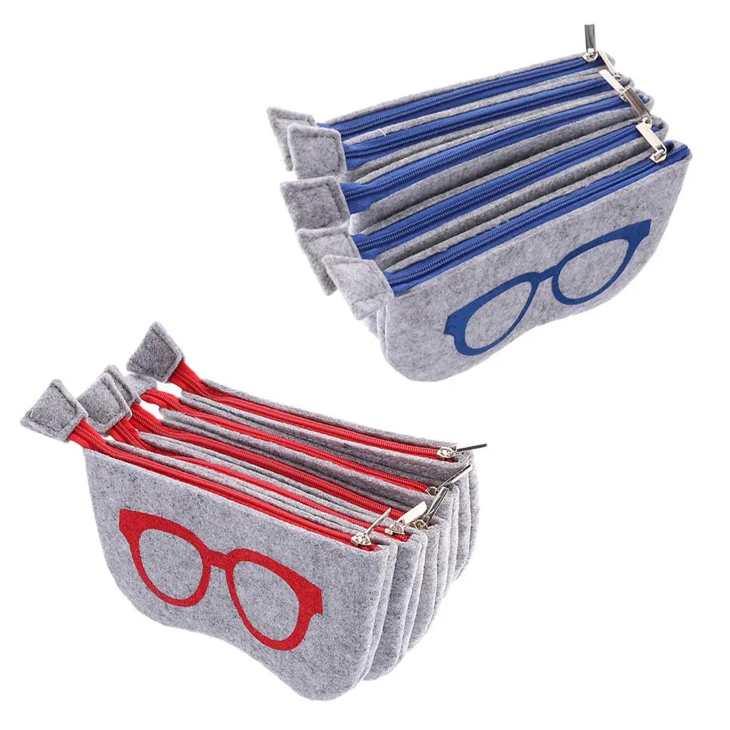 2 Colors 5pcs Felt Eyeglasses Sunglasses Case Box Holder Pouch Zipper