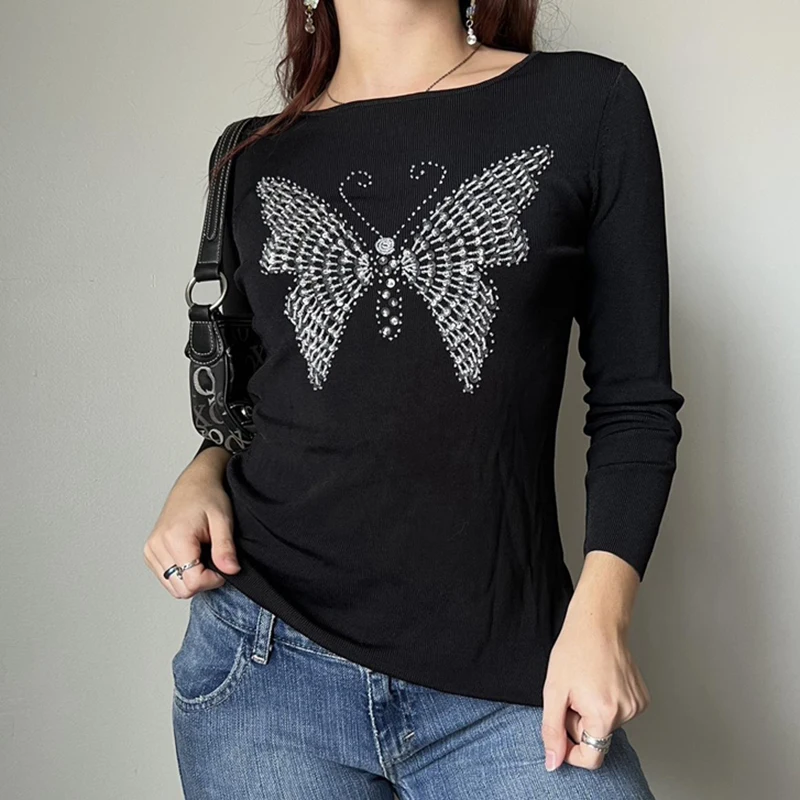 y2k Aesthetic Fairy Black Sweats Tops 00s Vintage Grunge Butterfly Print T-Shirt E Girl Dark Academia Long Sleeve Tee Streetwear