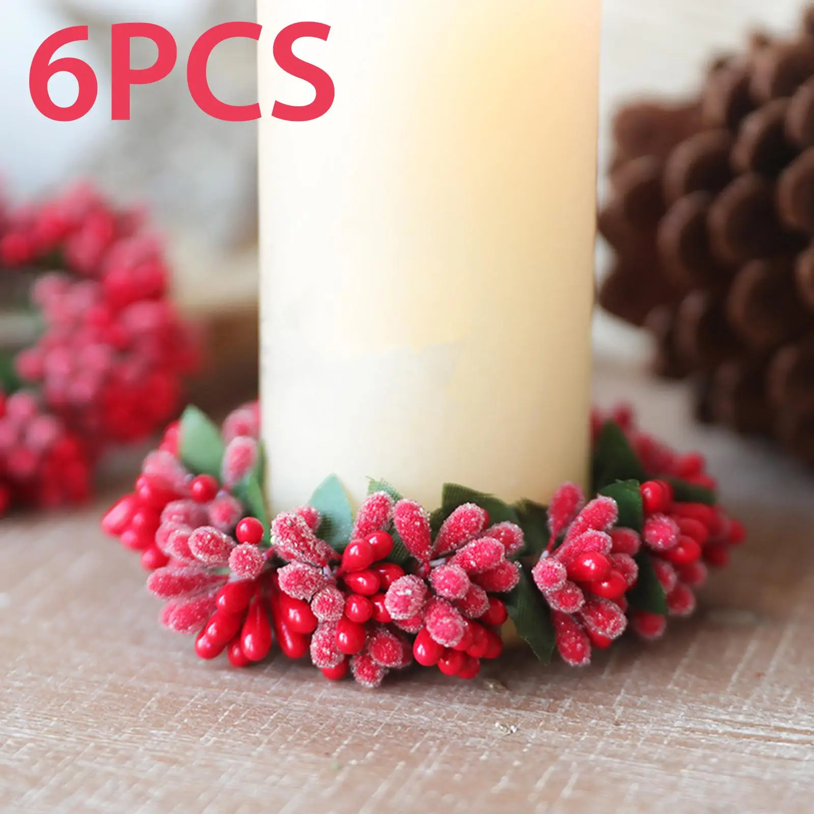 6Pcs Red Berries Candle Ring Wreath Greenery Wreath Pillar Candleholder for Living Room Easter Table Thanksgiving Decorations