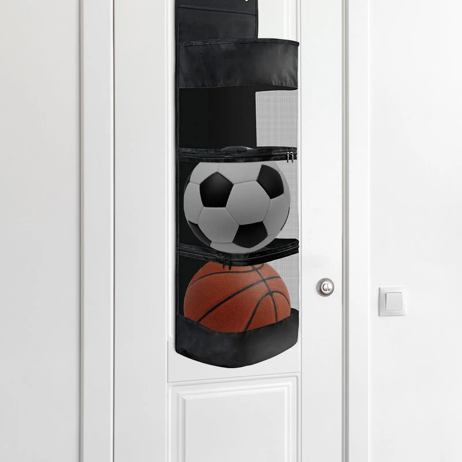 over Door Hanging Organizer Durable Garage Equipment Organizer for Basketball Tennis Sports Gear Volleyball Toy Storage
