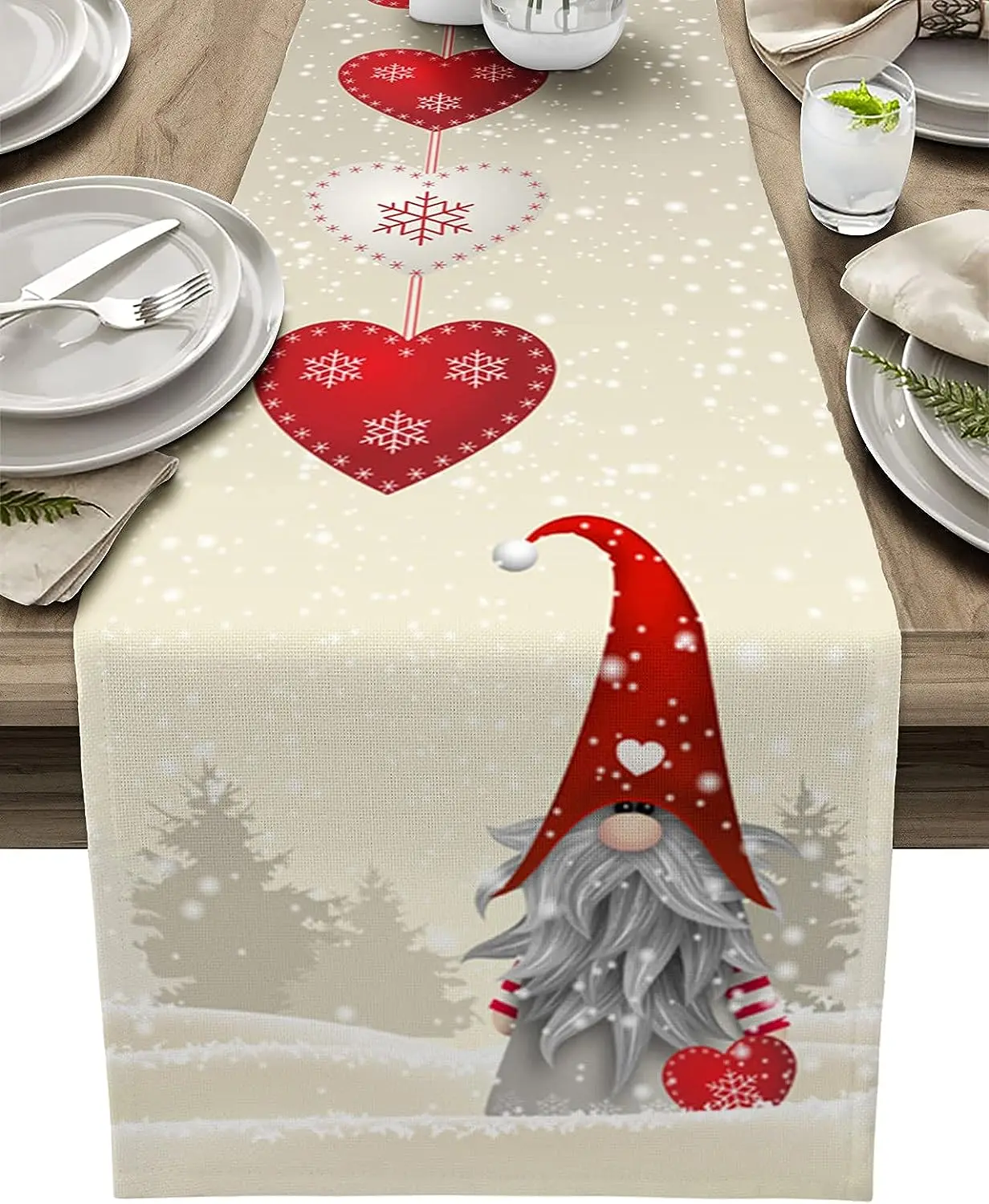 Christmas Snowflake Gnome Linen Table Runner
