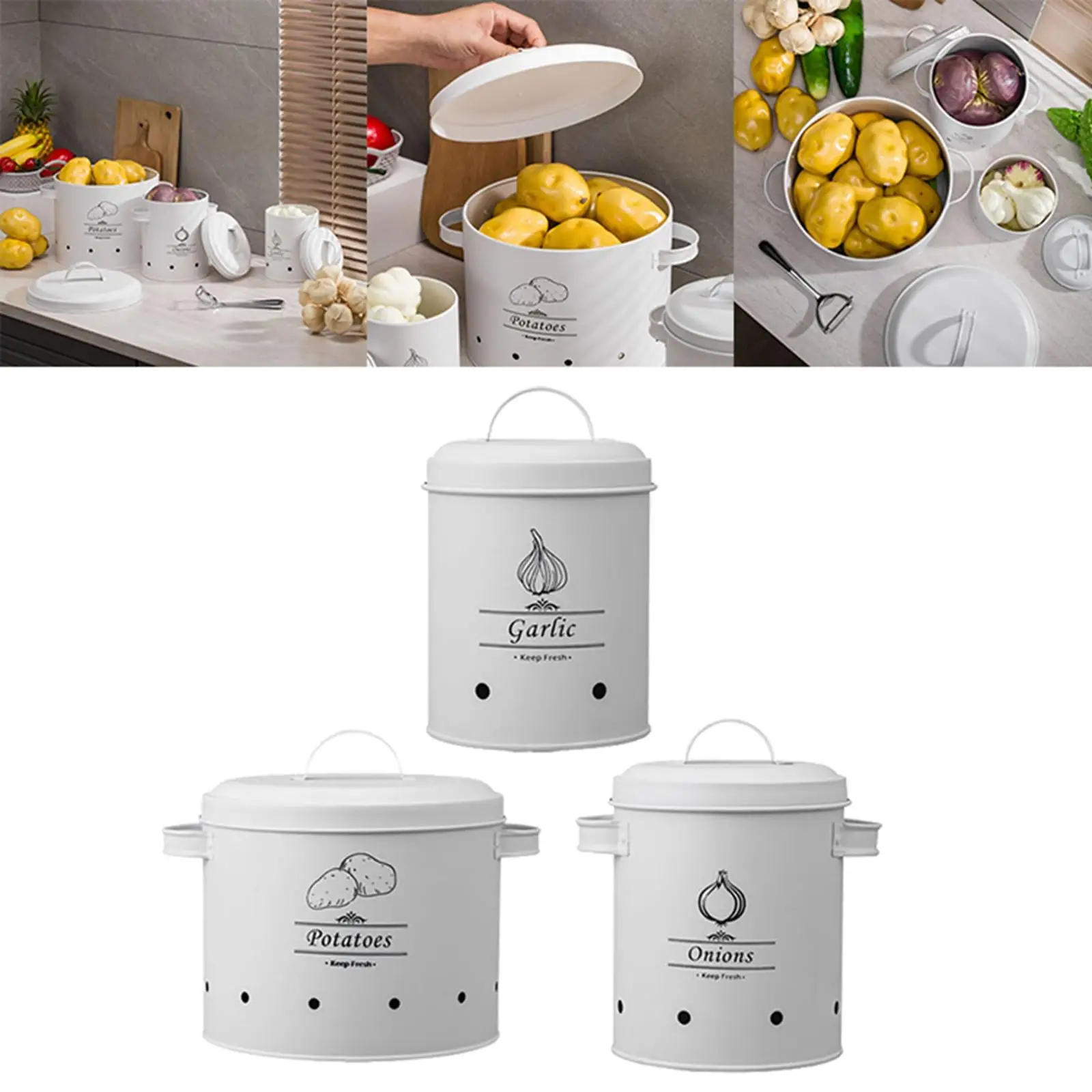 3Pieces Kitchen Canister Freshness Large Capacity with Airtight Lids Tins Bin for Potato Onion Garlic Sugar Nuts Restaurant Bar