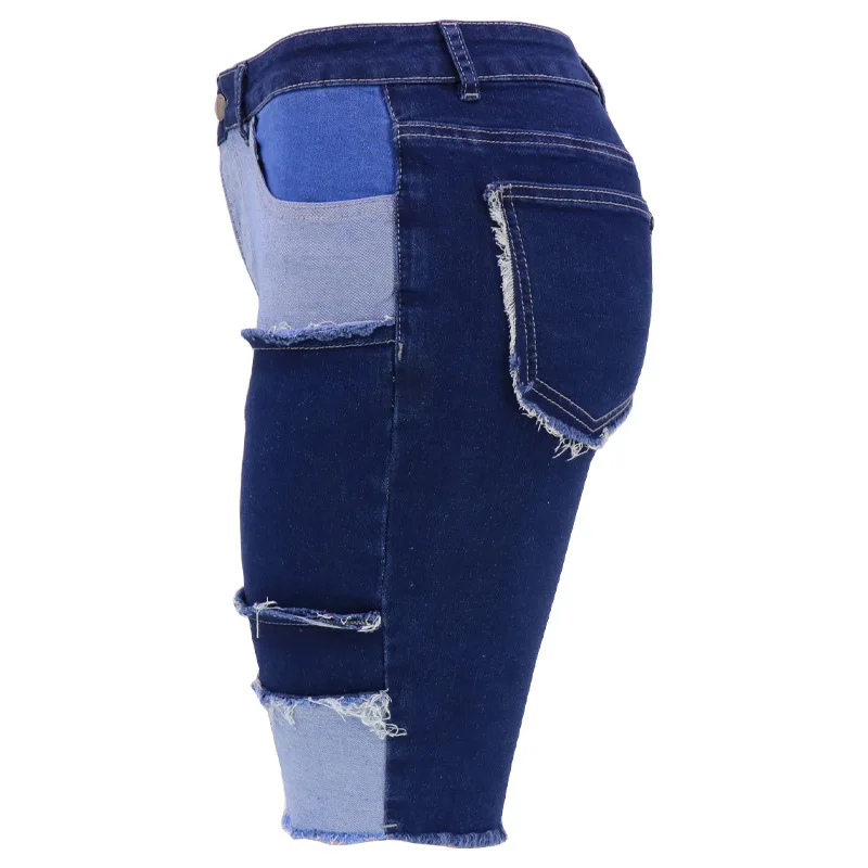 straight leg jeans Blue Patchwork Jeans Summer Women Fashion Stretch Skinny High Waist Tassel Knee Length Shorts Lady Retro Distressed Denim Shorts flare jeans