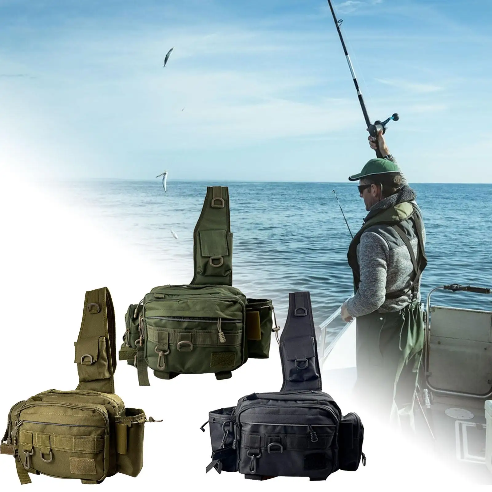 Fishing Tackle Bag Rod Holder Lure Bag Handbag Adjustable Belt Shoulder Bag Multifunctional Fishing Bag for Fishing Outdoor Men