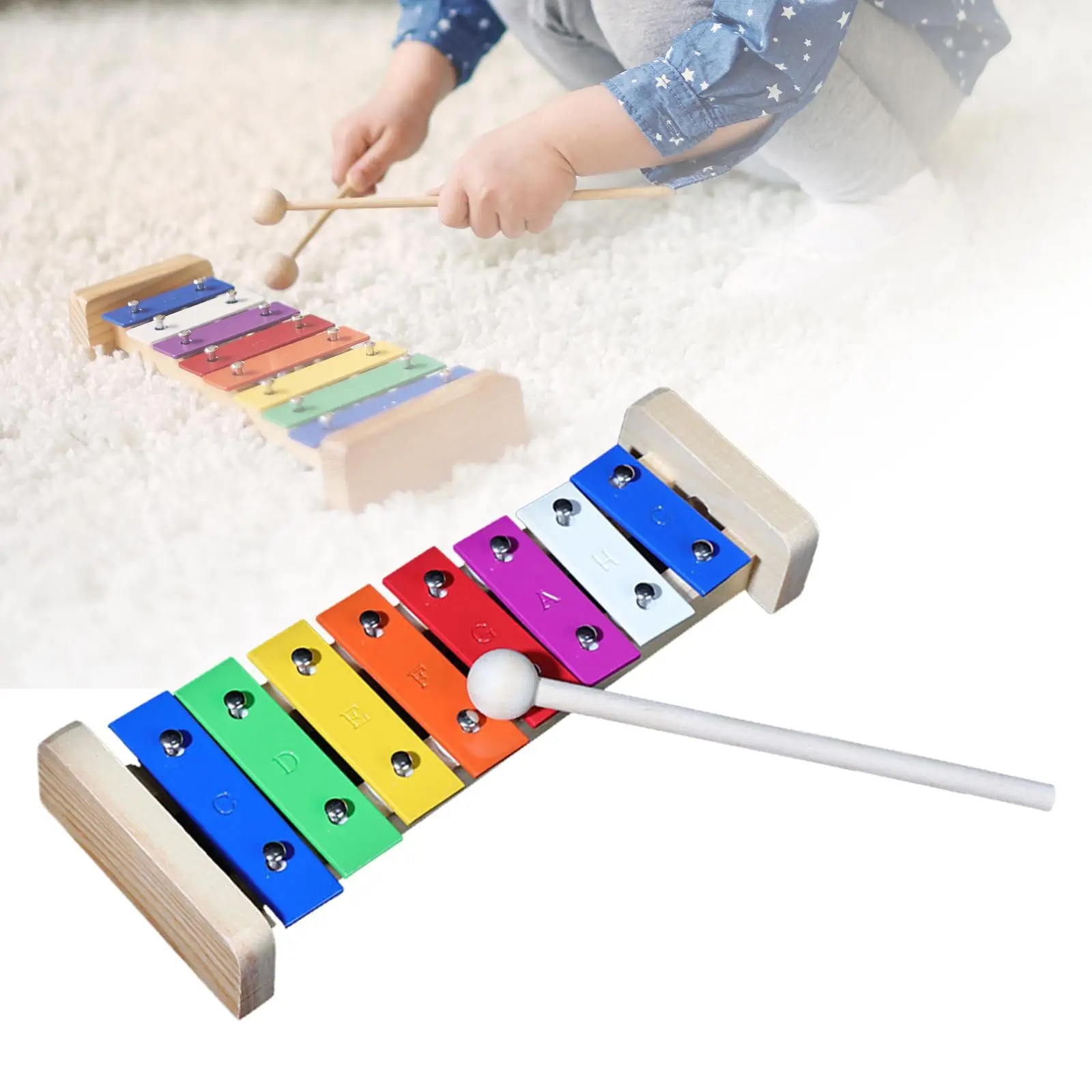 8 Note Glockenspiel Hand Percussion Wooden Base Aluminum Bars Kids Musical
