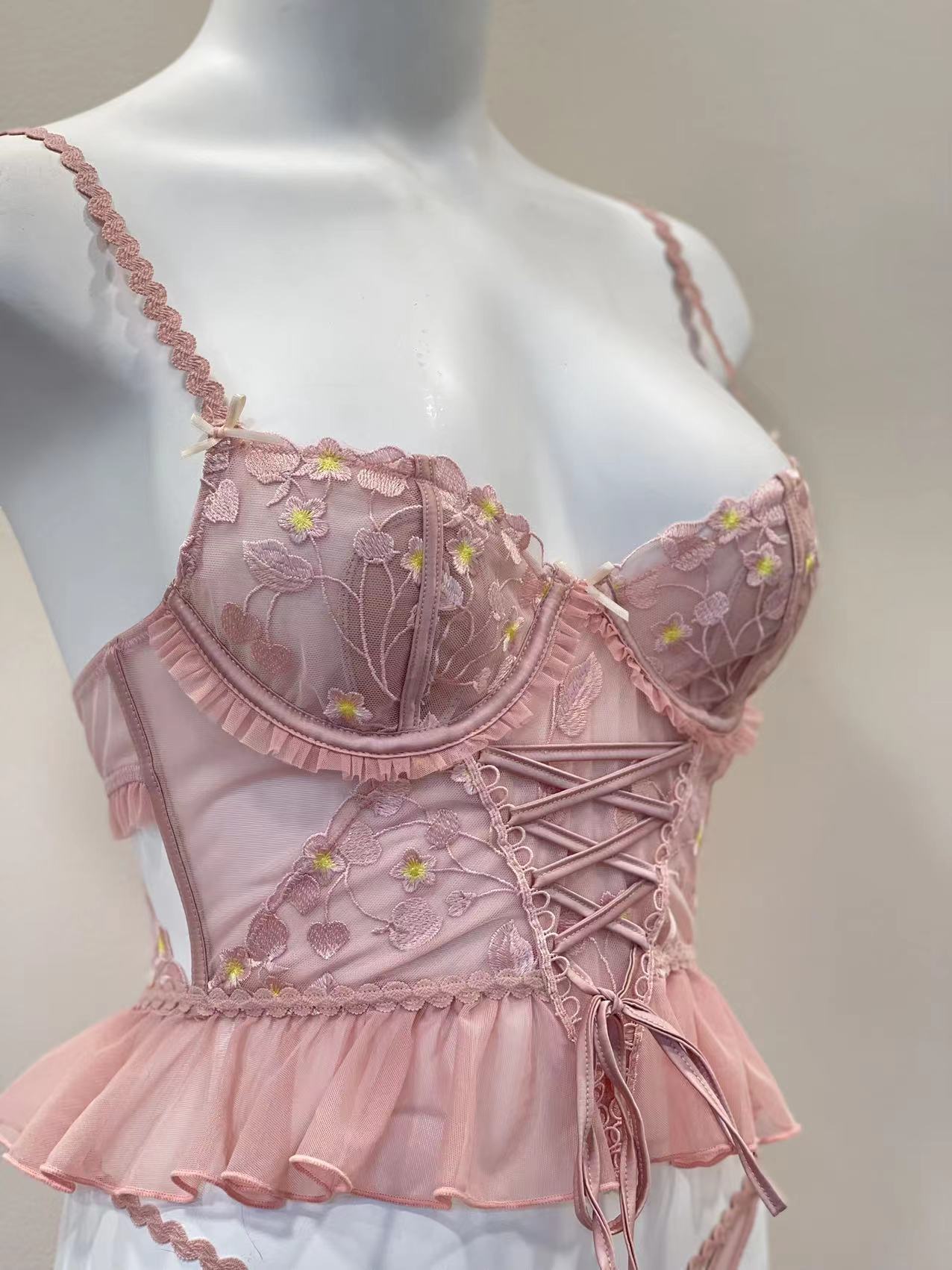 Neue Spitze Fishbone BH und Höschen Set Blumen Dessous sexy Bra lette Frauen Unterwäsche weibliche dünne Baumwolle Tasse Push-up durchsichtigen BH – Detail 6