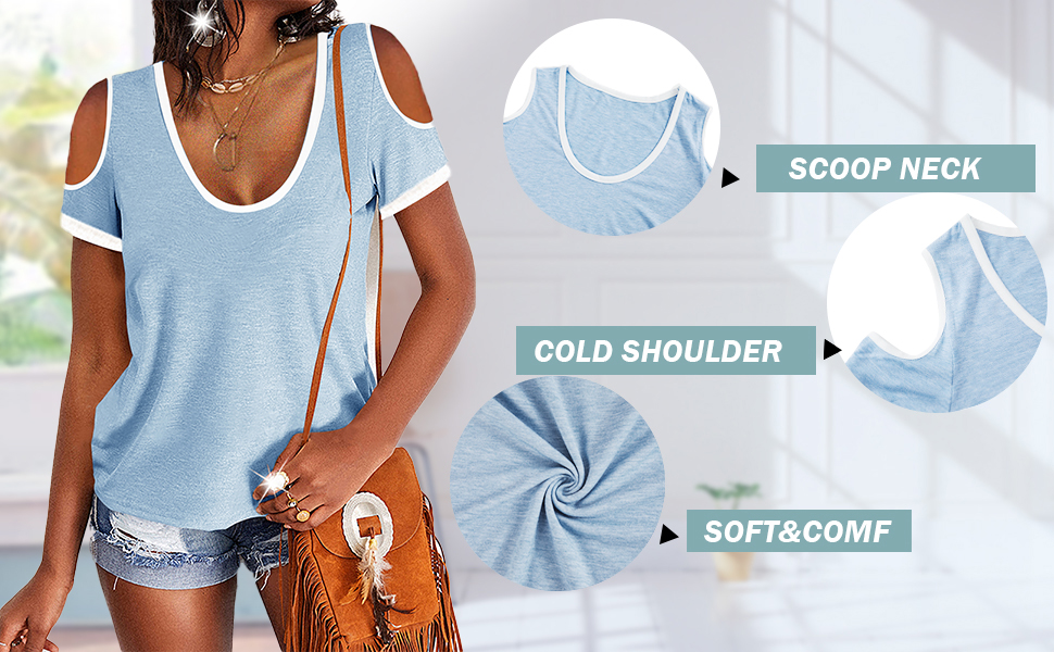 T-shirt da donna a maniche corte con scollo rotondo e spalle scoperte casual974_voghion.com