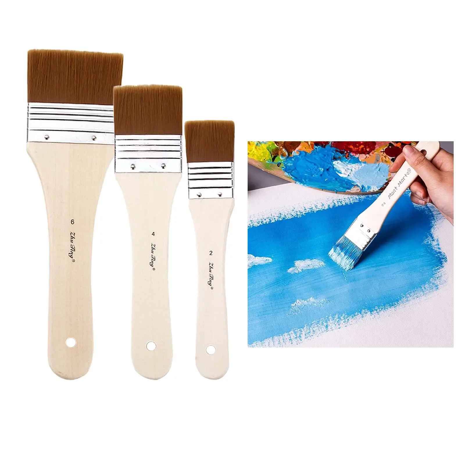 3x Paint Brushes, Wood Handle, Paint Brushes Set, for Oil Painting, Brush, Washable and Reusable
