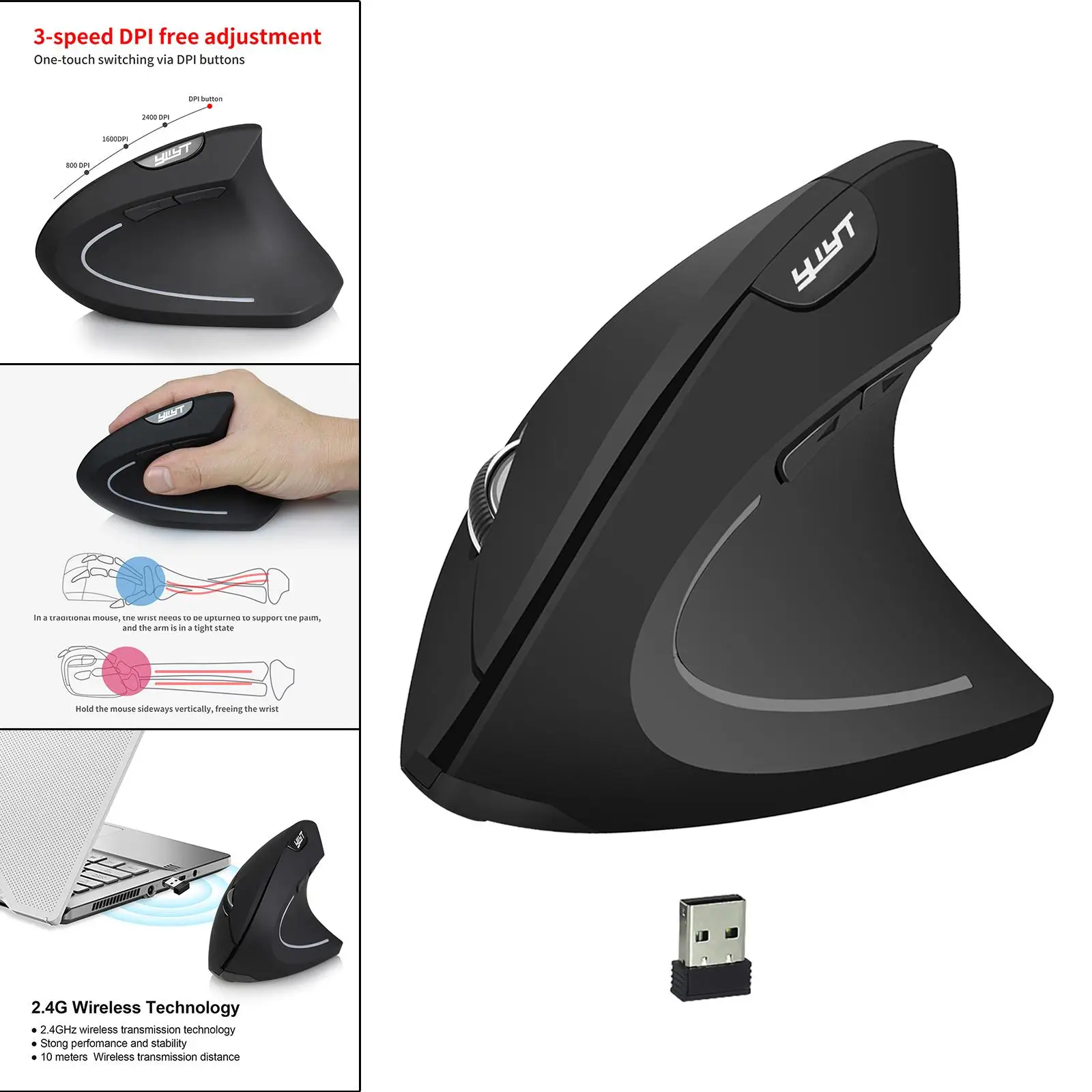 Vertical Mouse w/ USB Receiver 6 Buttons Small Mice for Laptop Desktop PC Reduce Wrist Pain 4 Adjustable DPI