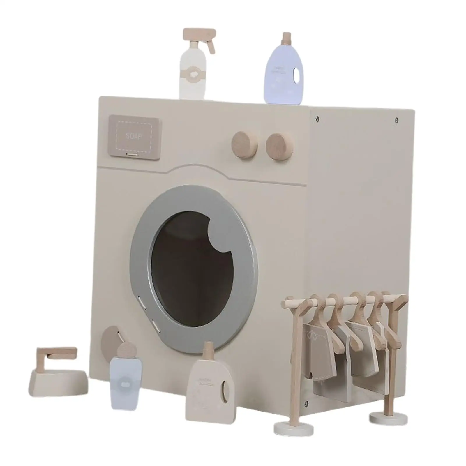 Wooden Washing Machine Set with Accessories Doll House Furniture Interactive Toy