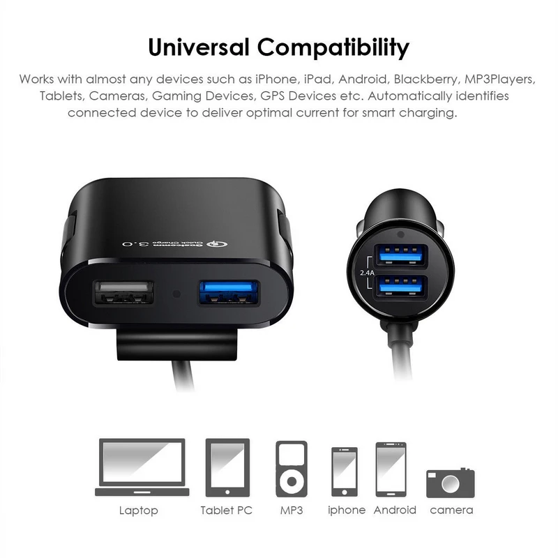 New 4 Port USB QC 3.0 Car Charger For Front Back Seat With Extension Cable for Samsung S7/S7 Edge HTC One A9 LG G5 Xiaomi 5