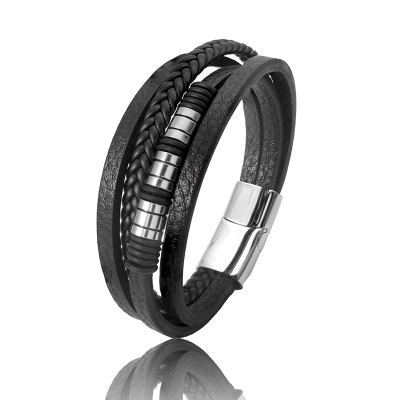 Leder armband Männer Schmuck Edelstahl Magnets chnalle mehr schicht ige geflochtene Seil Perlen Armband Mode Charme Schmuck – Detail 5