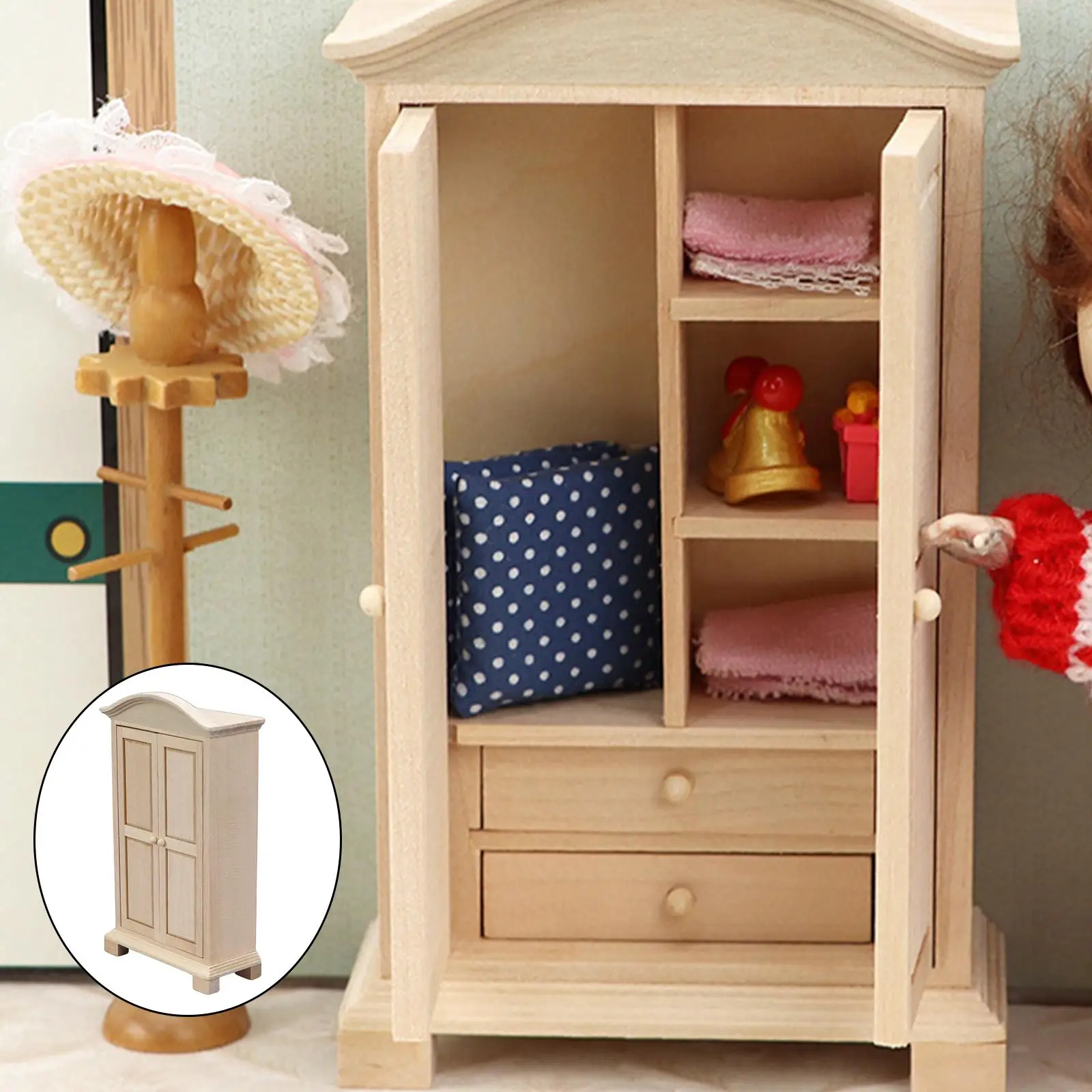 Dollhouse Storage Wardrobe Miniature 1/12 Toys with Drawers Cabinet for Children