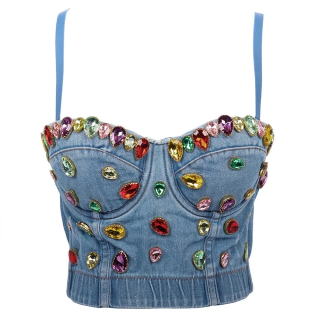 Embellished cropped denim bustier in blue - Self Portrait