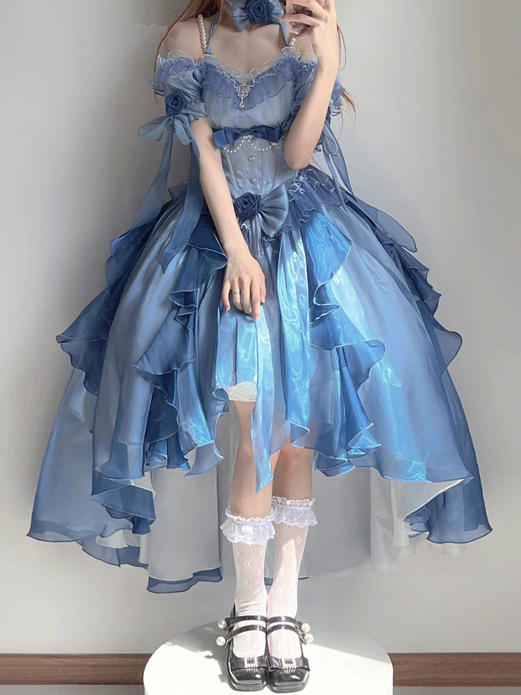 Blue Lolita Dress Heavy Industry Trailing Umbrella Princess Dress
