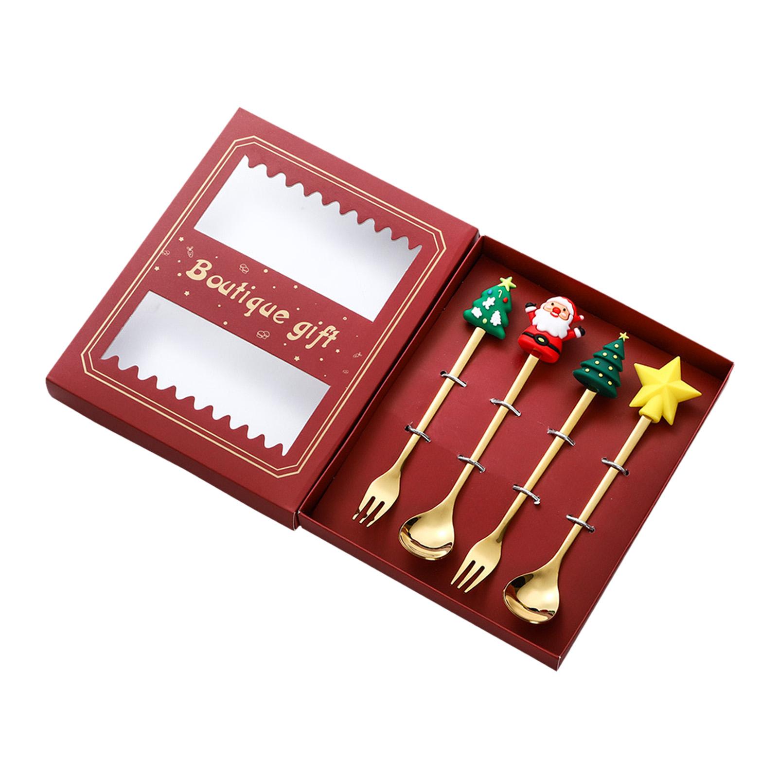 4 Pieces Spoons Forks Coffee Spoon Multipurpose with Gift Box Christmas Cutlery for Festival Kitchen Wedding Holiday Party