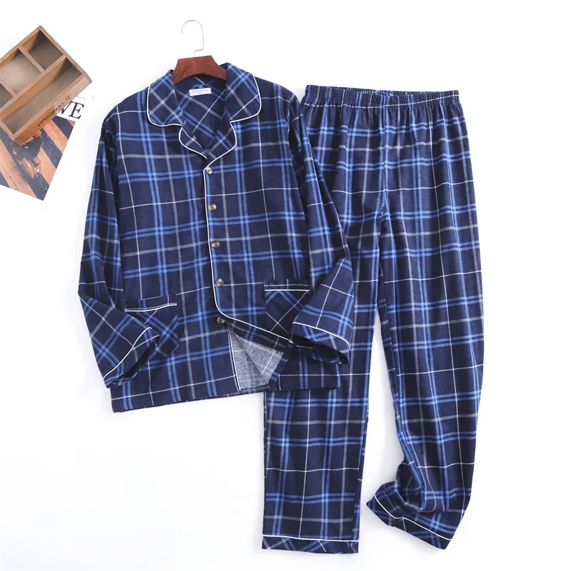best mens pajamas Autumn and Winter Men's Newest Cotton Flannel Brushed Trouser Suit Plaid Design Clothes with Button Pajama Set Homewear Men Suit best mens pajamas