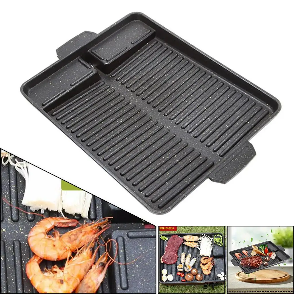Portable BBQ Grill Pan Frying Griddle Non-Stick w/ Handle Rectangle Korean Smokeless Camping Picnic Black