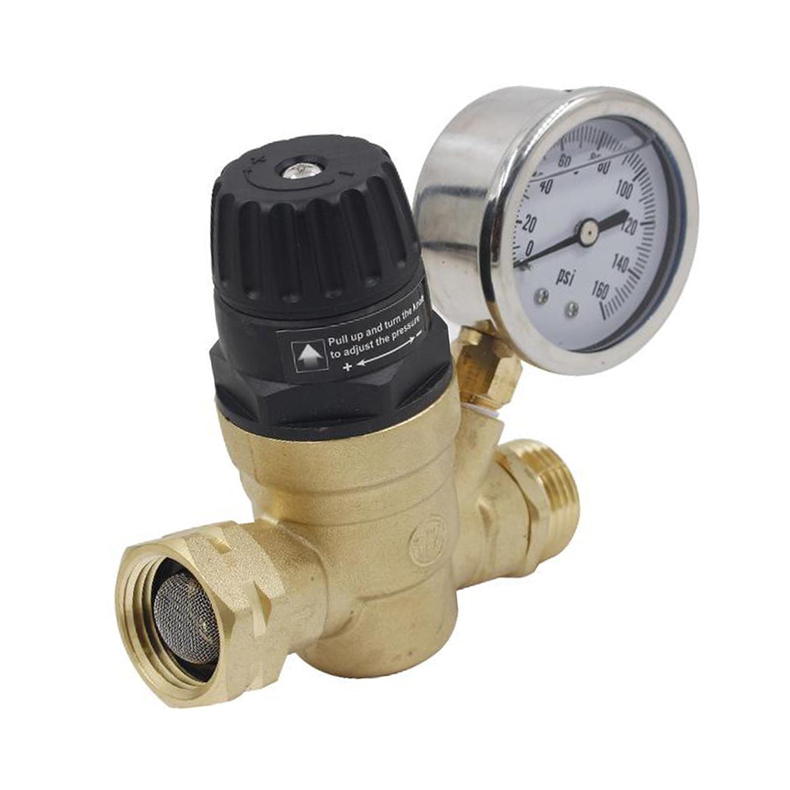 Water Pressure Regulator Multipurpose Brass with Gauge Adjustable Water Pressure Reducer for Travel Garden Hose Plumbing