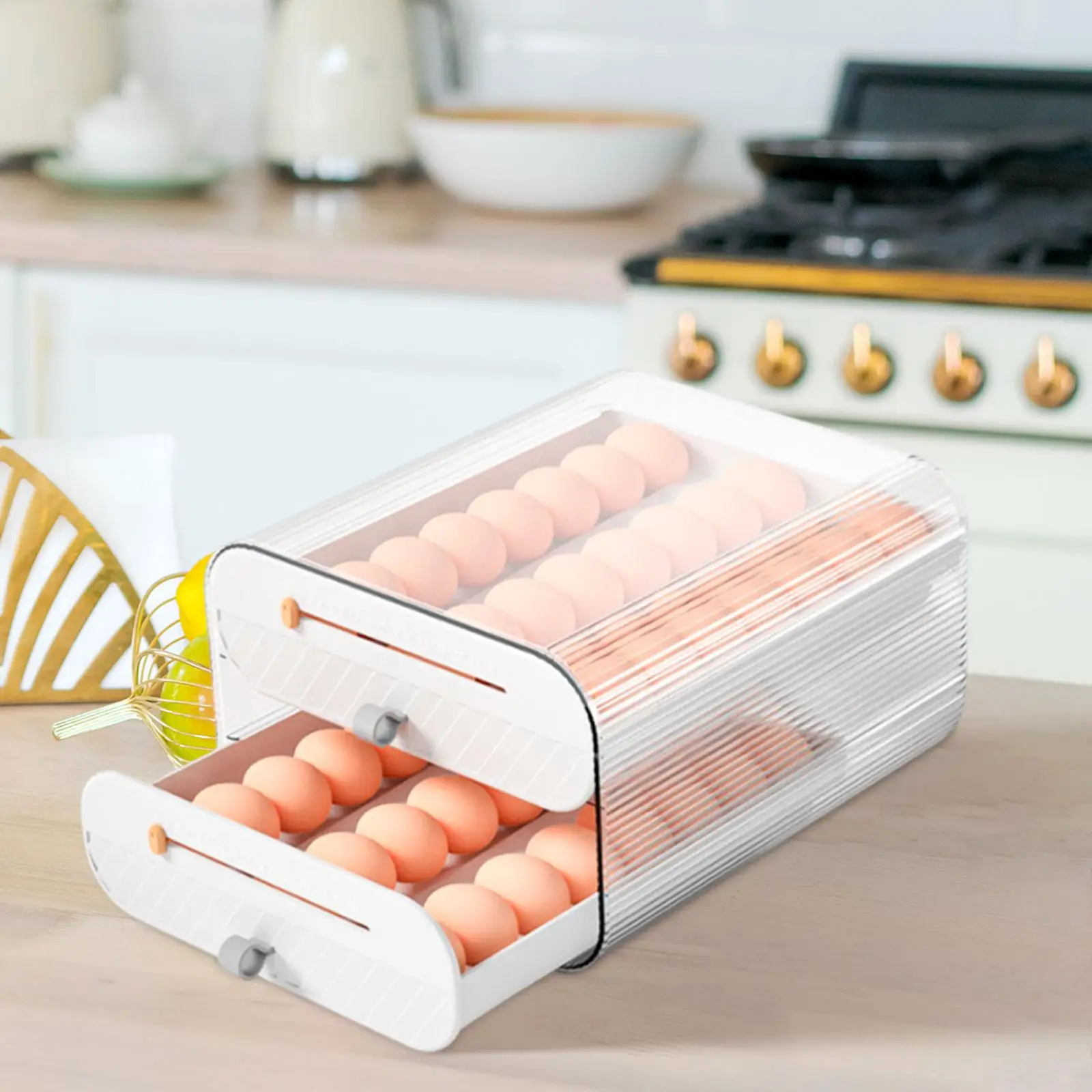 Egg Holder Stackable Clear Save Space Automatic Rolling 2 Tiers Drawer Trays with Time Marker for Pantry Fridge Countertop