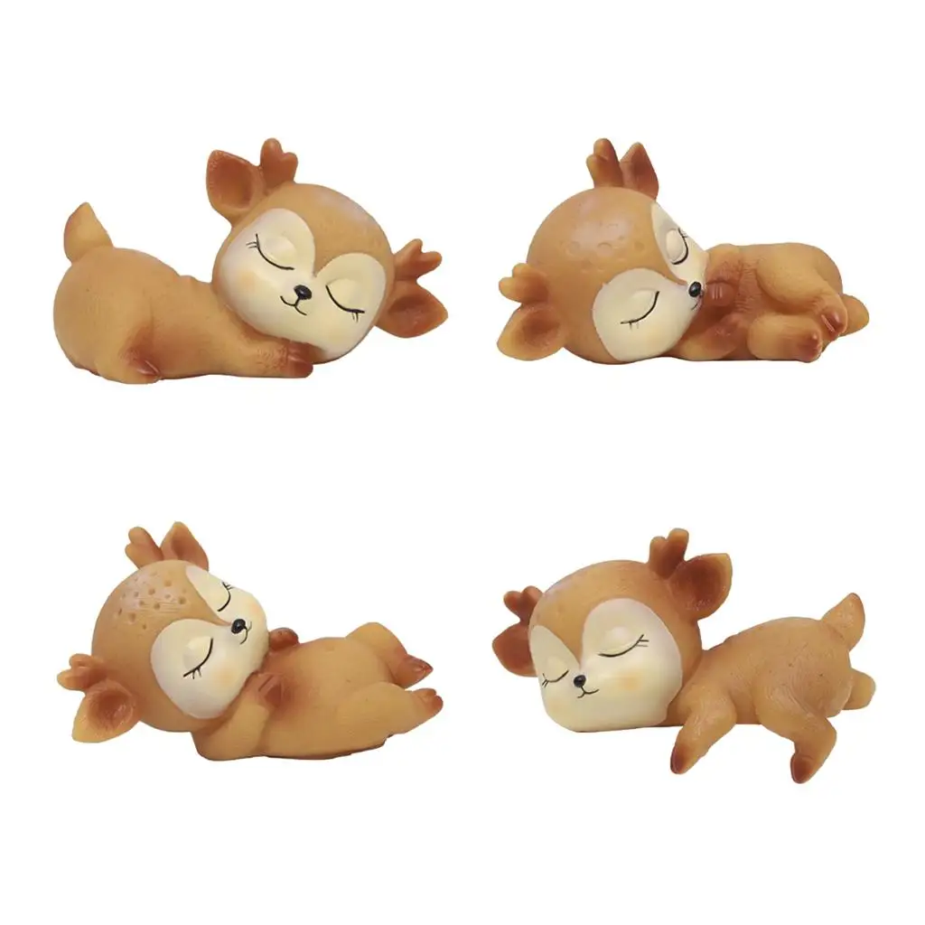 Set of 4 Cute Sleeping Deer Figurines  Miniature Animal Ornaments