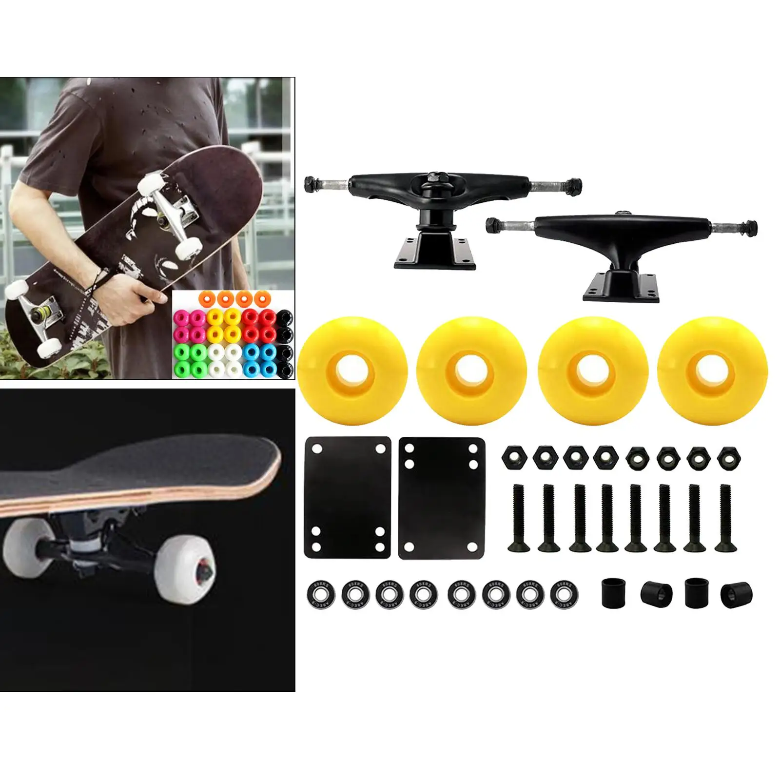 Skateboard Package 5 Inch Trucks with 52mm Wheels + Components, Aluminum Trucks 5A Hardness Bushions and 6-Hole Baseplates