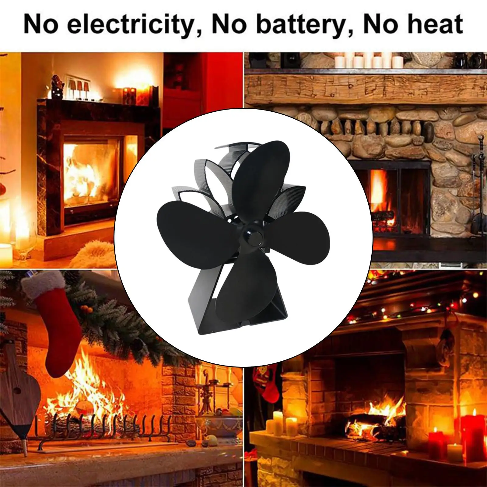 4 Vanes Heat Powered Fireplace Fan Silent Motor for  Burning Circulates Warm Efficient Heat Transfer Save Fuel Black