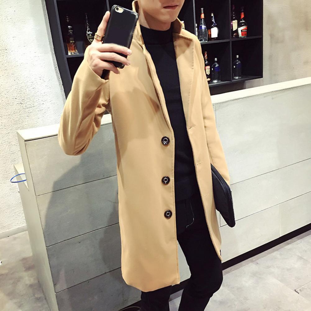 Description Picture 3 of itemMen Fall Winter Jacket Mid-length Men Coat Men's Slim Fit Windproof Trench Coat with Turn-down Collar Single-breasted Buttons
