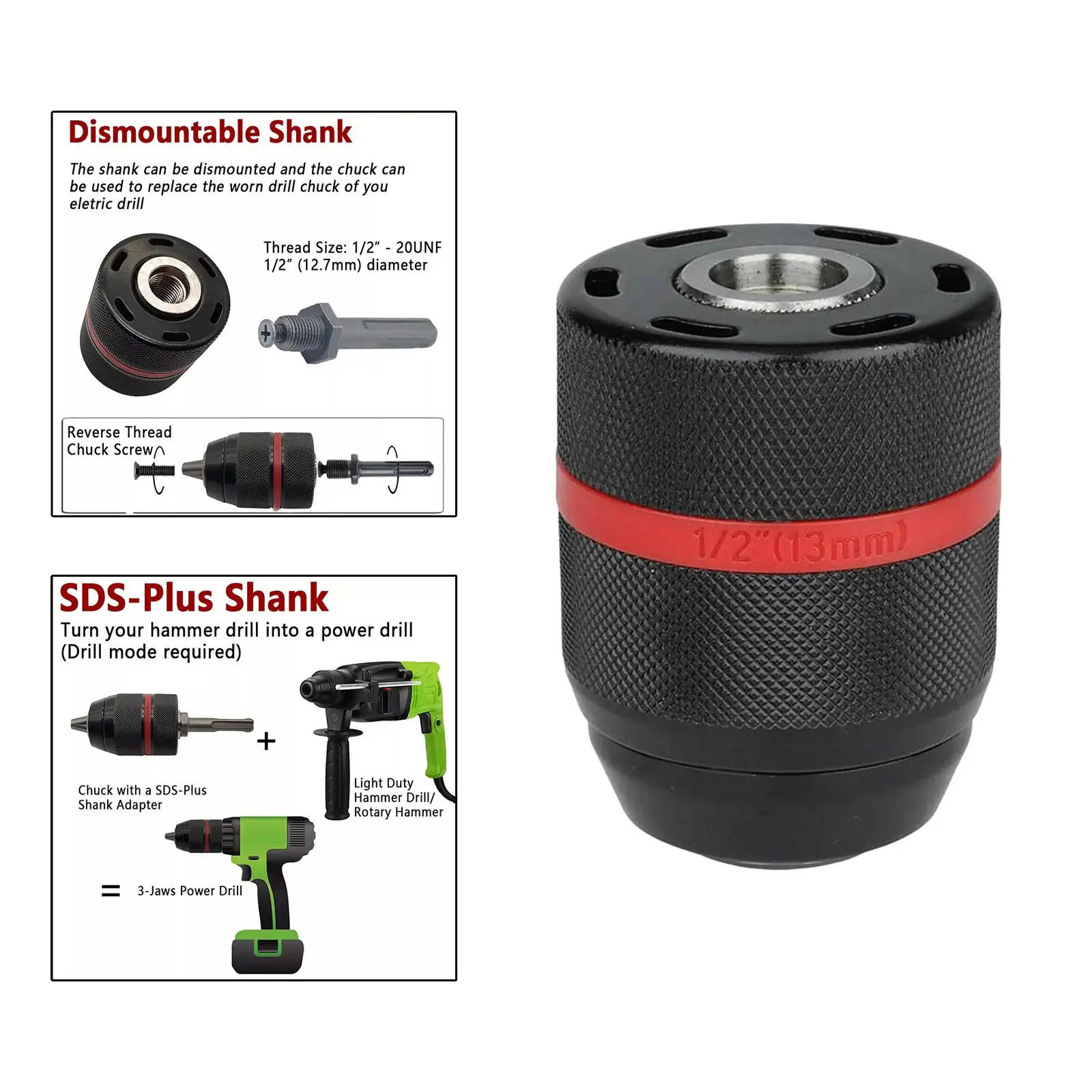 13mm Keyless Drill Chuck Adapter Durable Convenient Practical Metal Heavy Duty Conversion Adapter for Multiple Purposes Drills