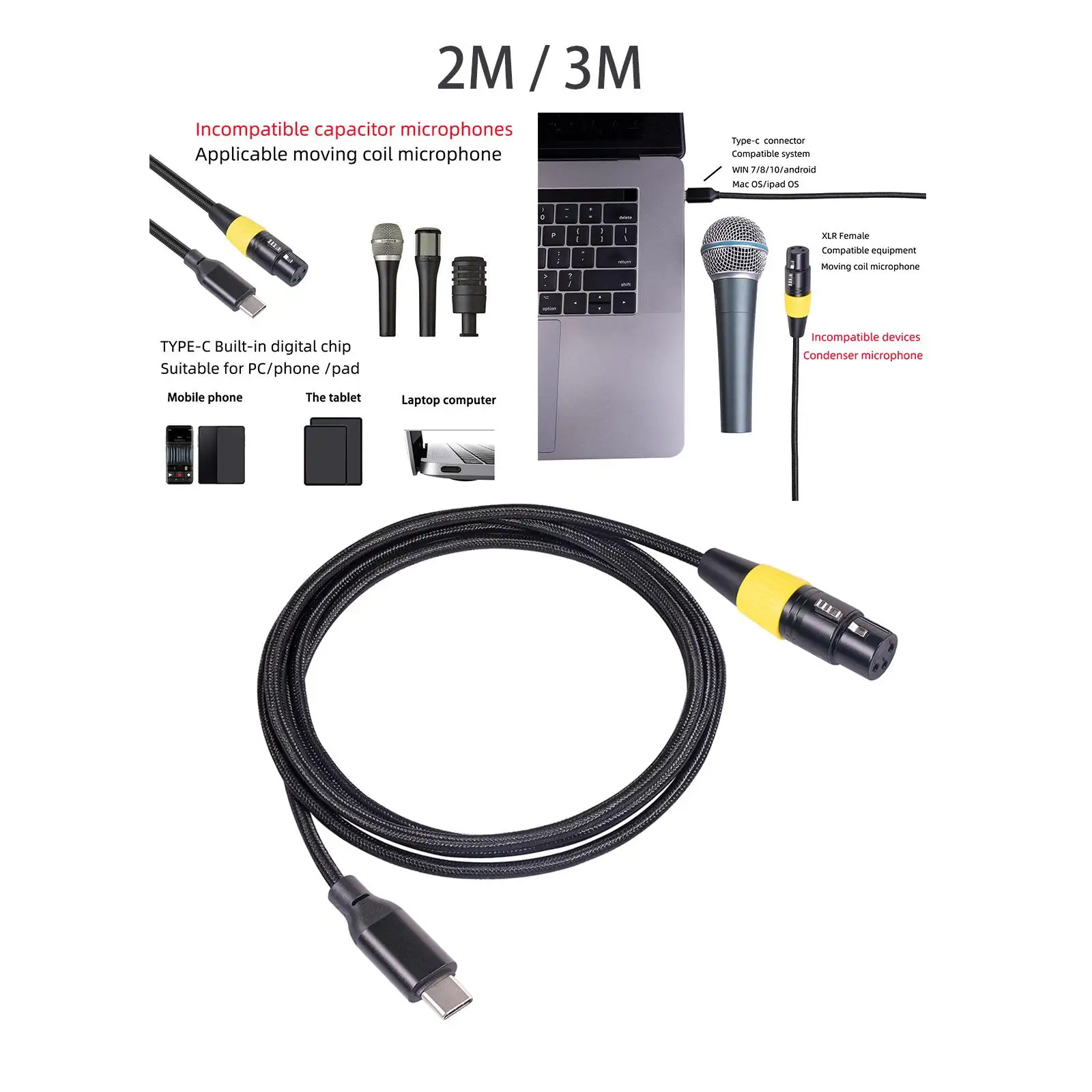 Multifunction XLR Female to USB Microphone Cable Simple to Use Sing Audio Cable Male to Female for Smartphones Computer