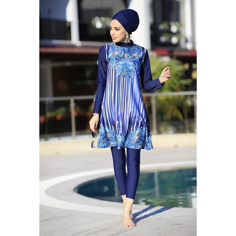 Women Muslim Swimwears Long Sleeves Sport swimming Togs Printed Stretch Full Cover Hijab 4pcs lslamic Burkinis Wear Bathing Suit
